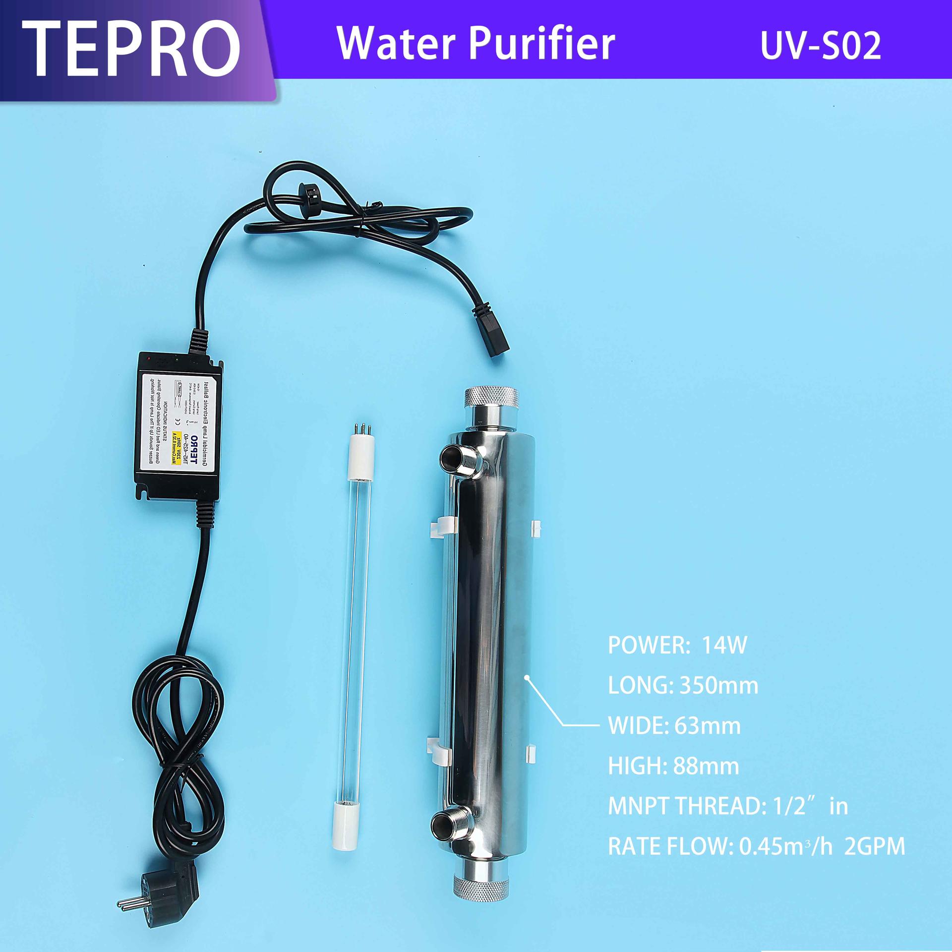 Uv Water Purifier For RO System 0.45Tons/h  2GPM UV-S02