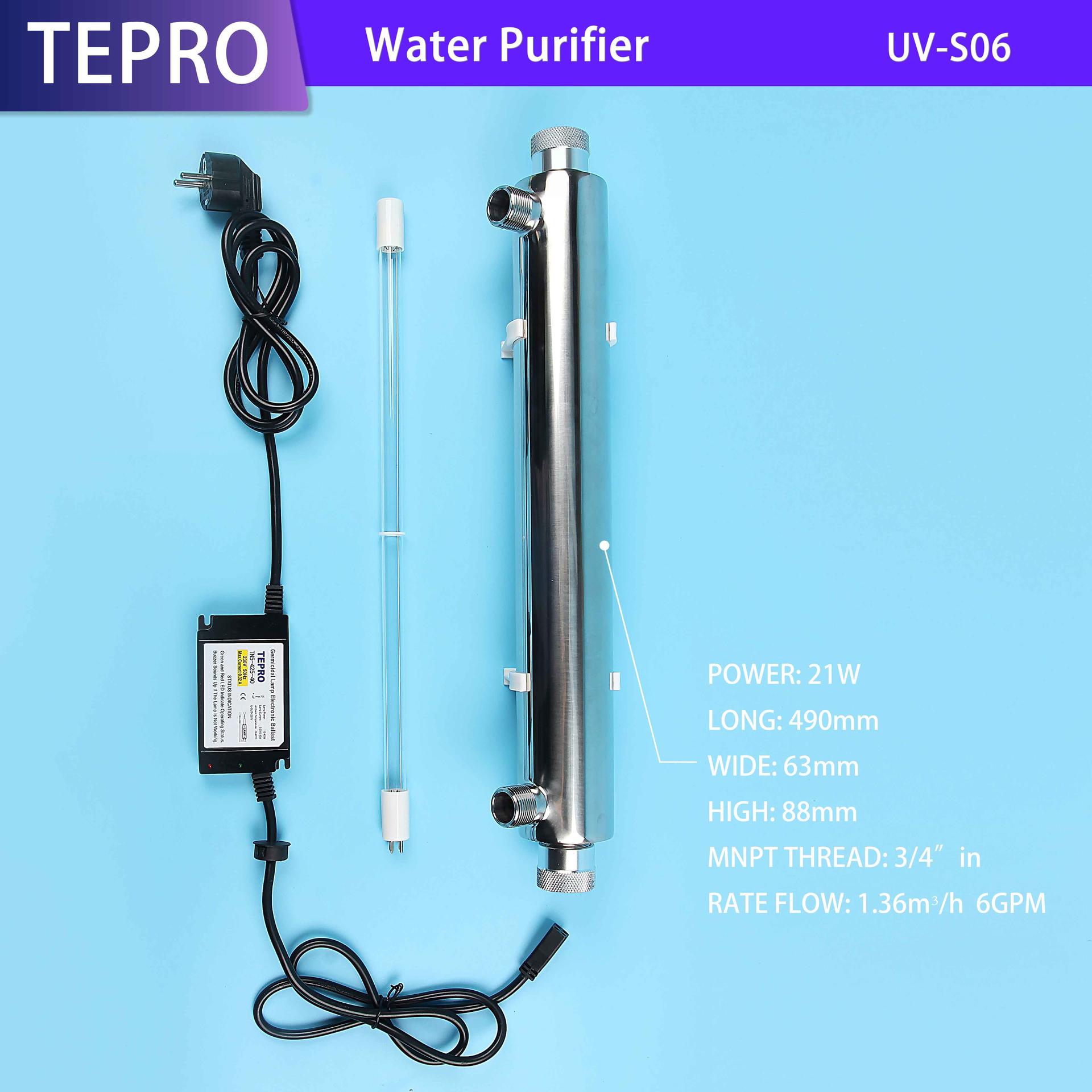 Ultraviolet Water Purifier 6GPM 21W 304/316 Stainless Steel UV-S06