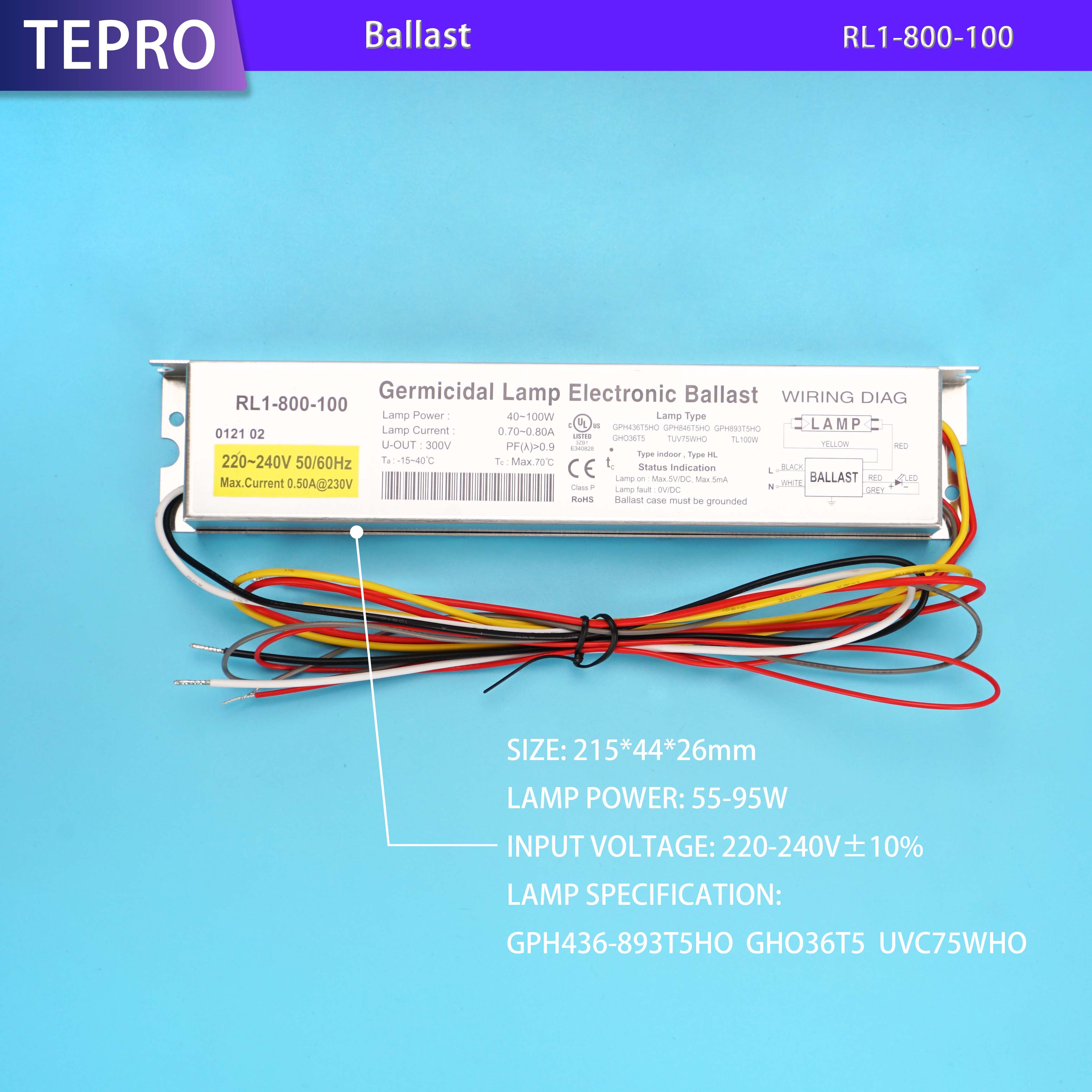 TEPRO RL1-800-100 220V 40-100W Entkeimungslampe Elektronische Vorschaltgeräte 
